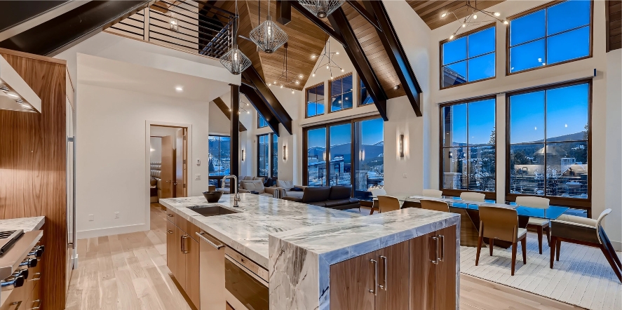 Modern mountain home kitchen with vaulted ceilings